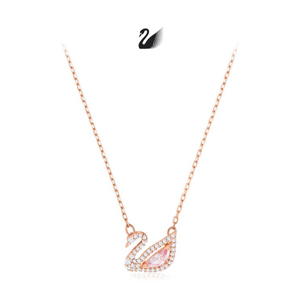 Kalung Swan Rantai Korea Liontin Angsa Warna Pink Berlian untuk Wanita Aksesoris Rose Gold Necklace True Beauty Import Mixed Metal