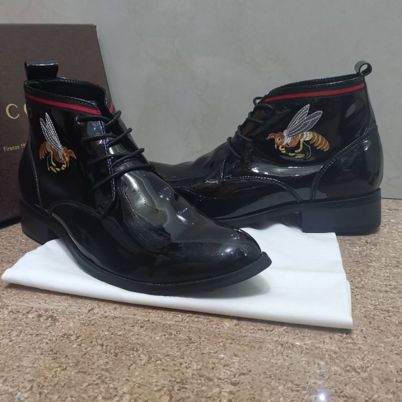 sepatu pantofel boots gucc'i mirror quality shoes formal pria hitam kilat