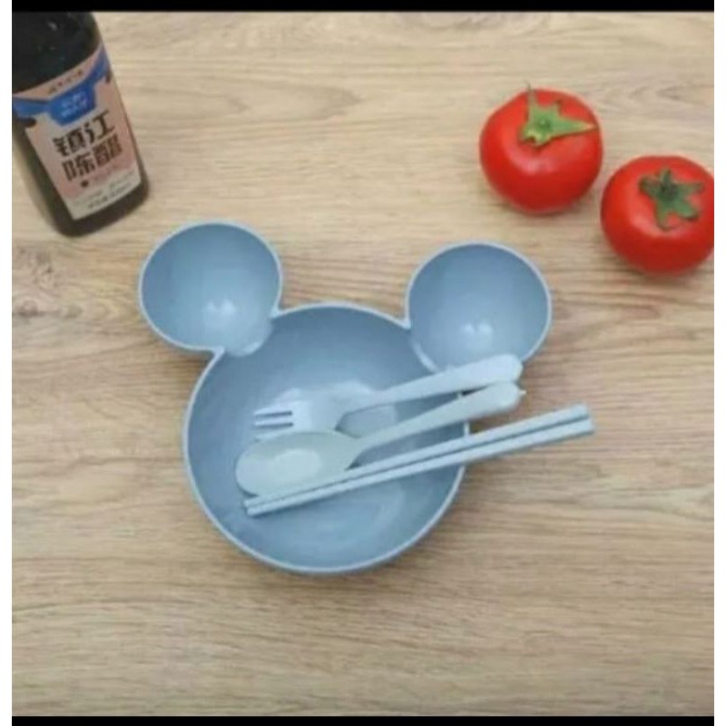 Mangkuk mangkok miki mickey bowl bulat serat gandum jerami sekat nasi sayur buah bento