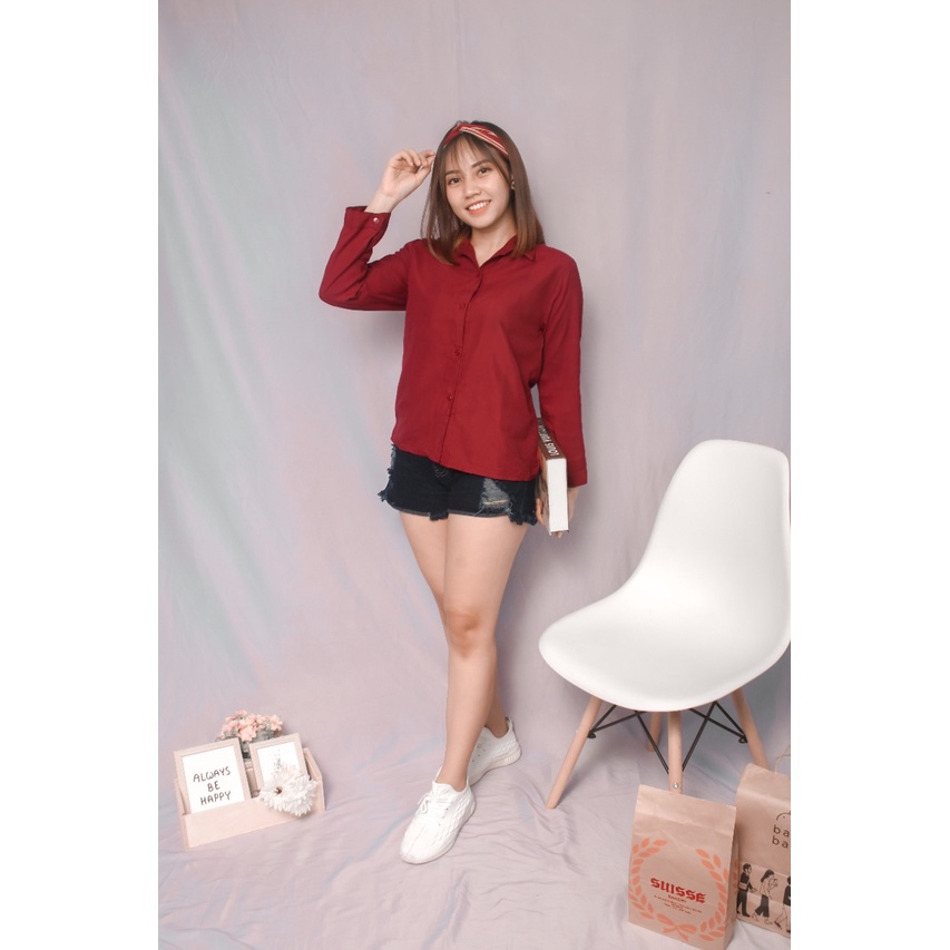 RX Fashion - KEMEJA AUREL / KEMEJA BASIC Wanita Polos lengan panjang Tangan Skoder / Lumina Basic / Kemeja Dian / Kemeja Polos /  -R3-maron