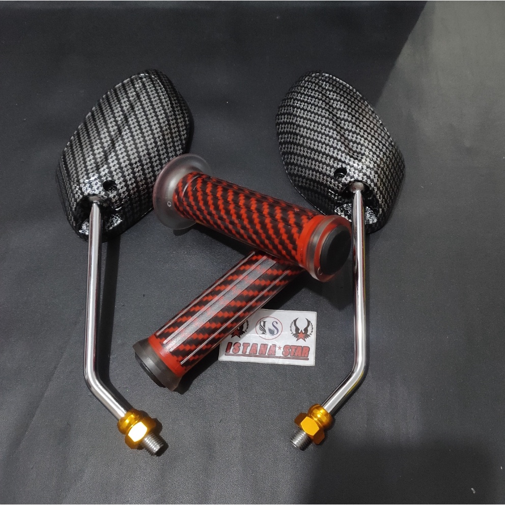 Spion Beat Carbon Karbon tangkai Crum Chrome + Handgrip Karbon merah (paket 2 item)