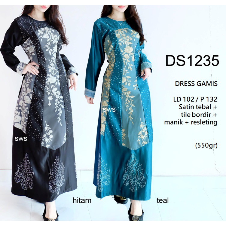 DS1235 - DRESS MUSLIM KONDANGAN WANITA SATIN BORDIR MEWAH DRESS GAMIS LEBARAN MURAH