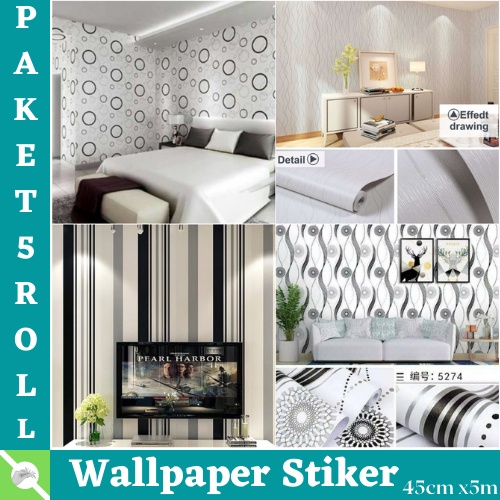 { BAYAR DITEMPAT } - TERMURAH PAKET WALLPAPER 5ROLL ( BUY 4 GET 1 FREE ) WALLSTIKER DINDING BAHAN PVC PREMIUM HIGH QUALITY MOTIF HITAM PUTIH MODERN BEST SELLER KODE GH BEST SELLER !!!!!