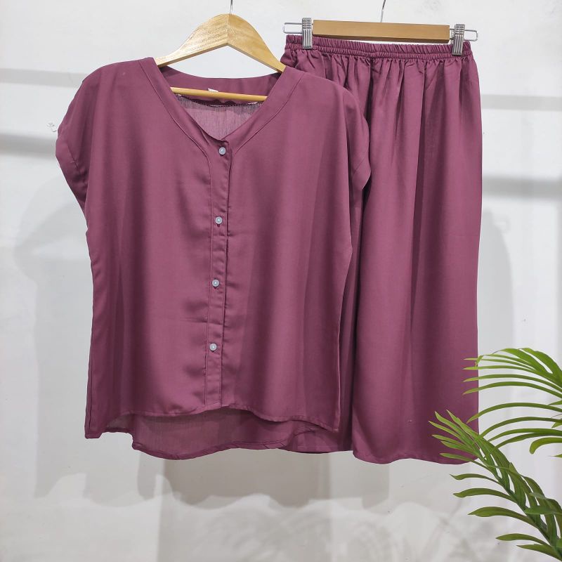PIYAMA POLOS KANCING | PIYAMA BUSUI | BAJU SANTAI MURAH | HOMEDRESS MURAH | HOMEWEAR MURAH-VN 7/8 MAGENTA