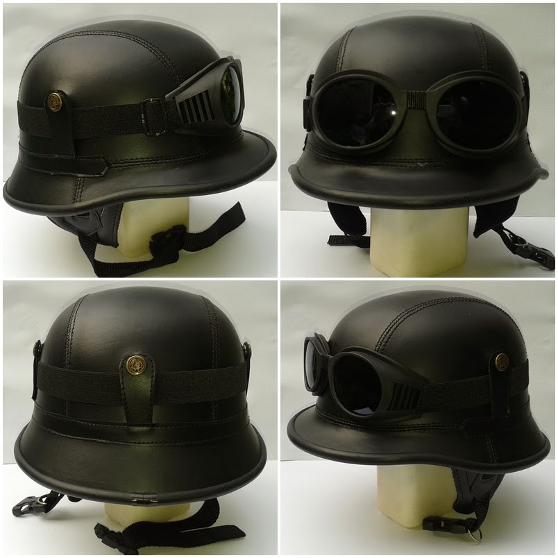 Skuterhelm91 Helm Dewasa Bahan Kulit Retro Klasik Perang Dunia Nazi Hitam Polos Kacamata