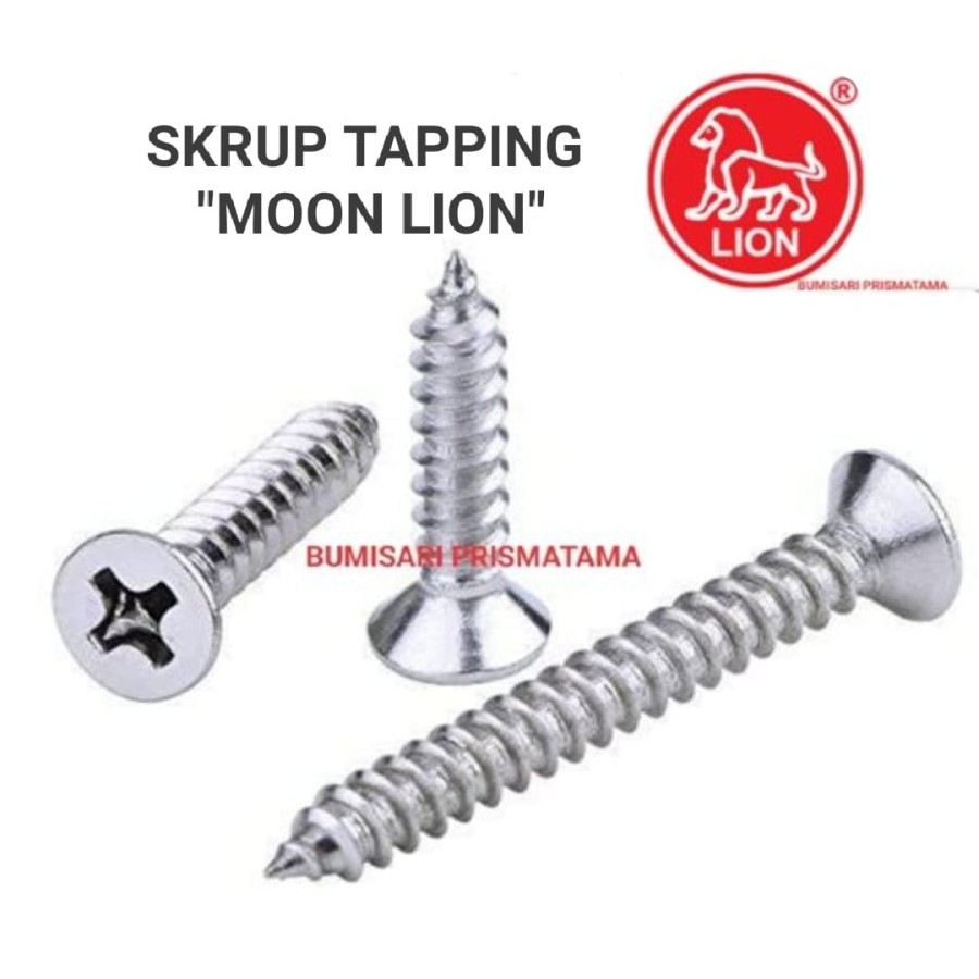 SKRUP TAPPING 8 X 2 KEPALA RATA merk MOON LION - per pak isi 100 pcs