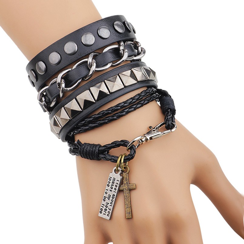 GELANG KULIT PUNK/ Leather Men Cuff Wrap Punk Bracelet