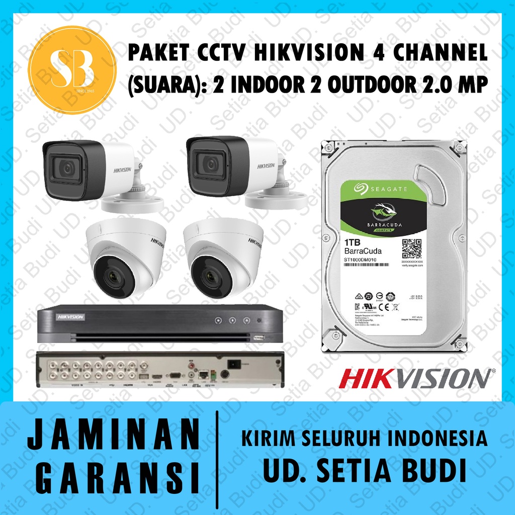 Paket CCTV Hikvision 4 Channel (Suara) : 2 Indoor 2 Outdoor 2.0 MP