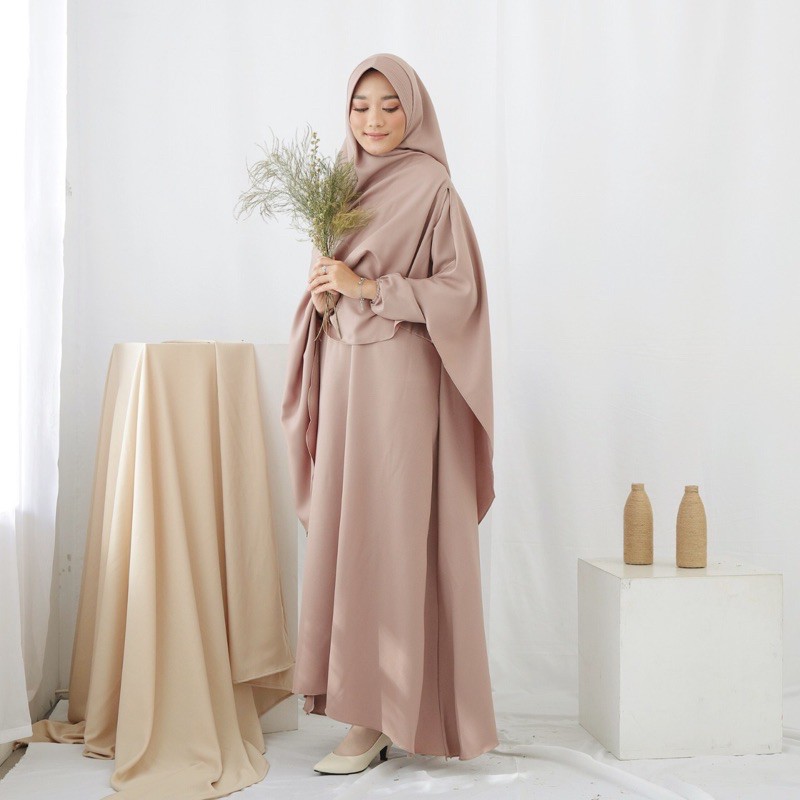 (BISA COD) GAMIS SYAR'I DRESS MUSLIMAH GAMIS LEBARAN // BAJU WANITA POLOS// SETELAN GAMIS + KHIMAR