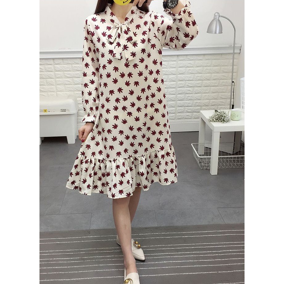 Midi Dress Import Gaya Korea Hitam Grid & Putih Motif Bunga 33190