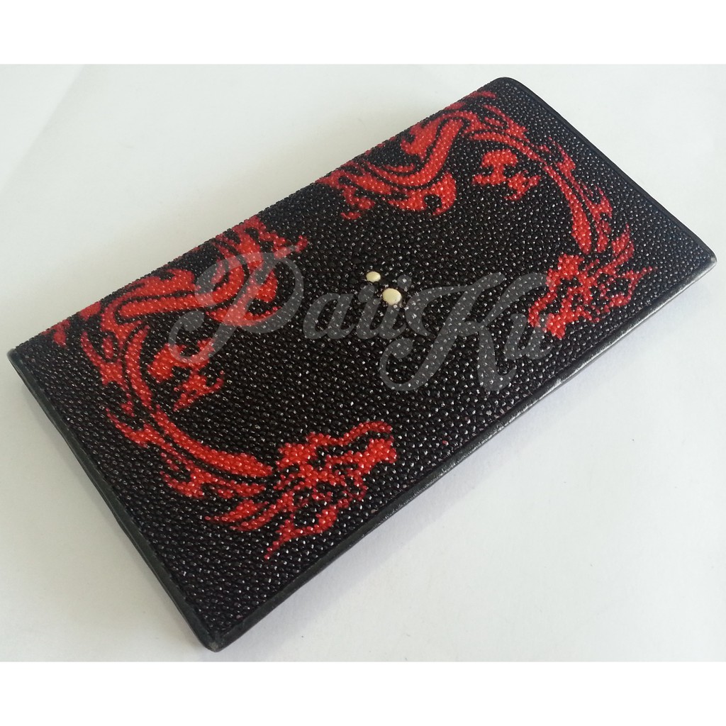 dompet wanita kulit ikan pari asli hitam motif naga merah