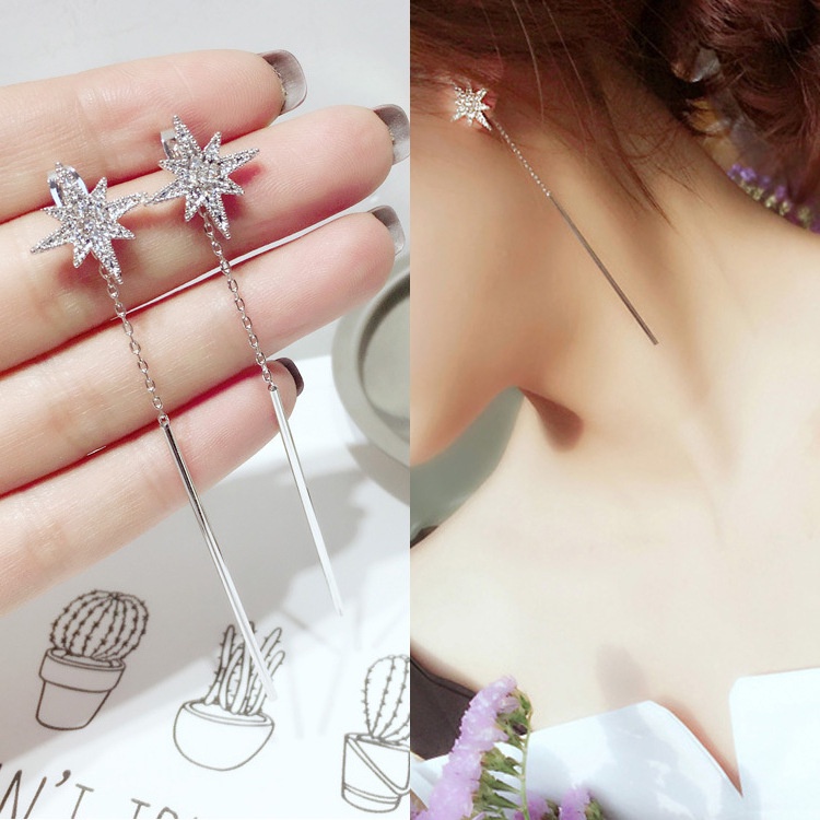 S925 gaya Korea delapan Awning bintang rumbai anting-anting semua yang sesuai dengan produk baru ele