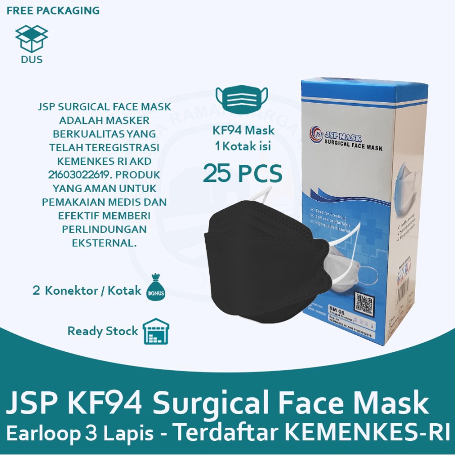 Masker JSP KF94 KN95 3 Ply isi 25 PCS Masker Medis isi 50 Free Konektor untuk Headloop Surgical Mask