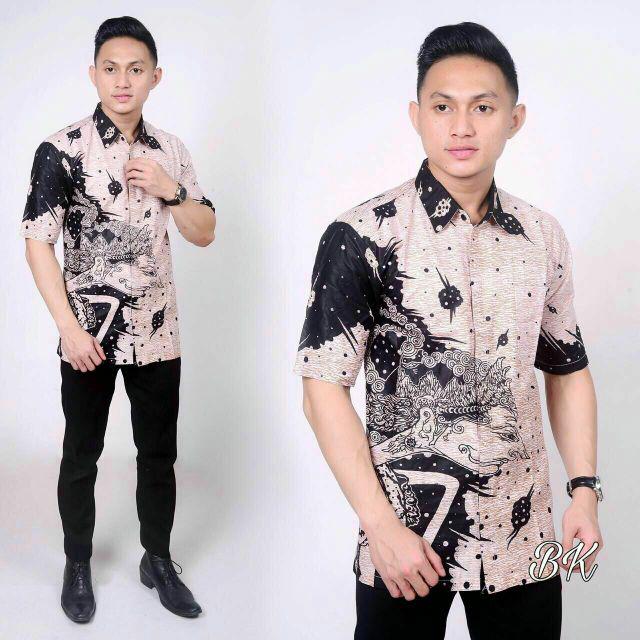 BSWART Batik HRB026 Kenongo Hem Pendek Padi Pekalongan M L XL Batik Pria MURAH Modern Grosir-Wyg Putih.