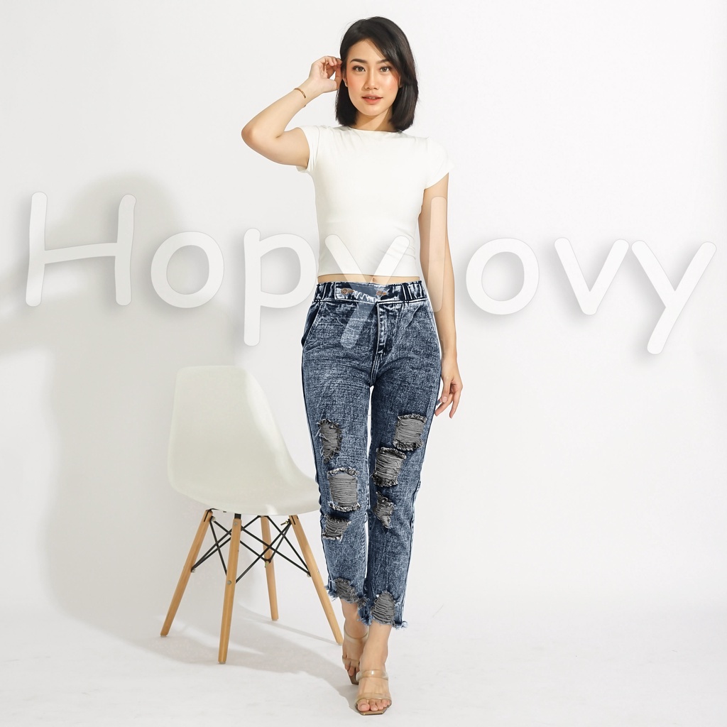 HOPYLOVY Celana Boyfriend Jeans Wanita Sobek Ripped High Waist HW Unfinished Rania