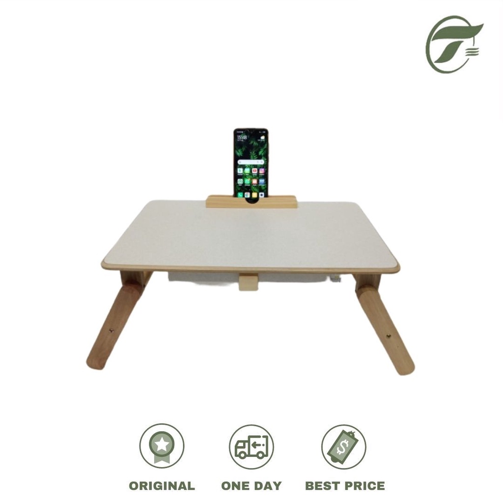 

MEJA LIPAT LACI KAYU MOTIF STICKER PUTIH KAKI KAYU + HOLDER HP (30X48)
