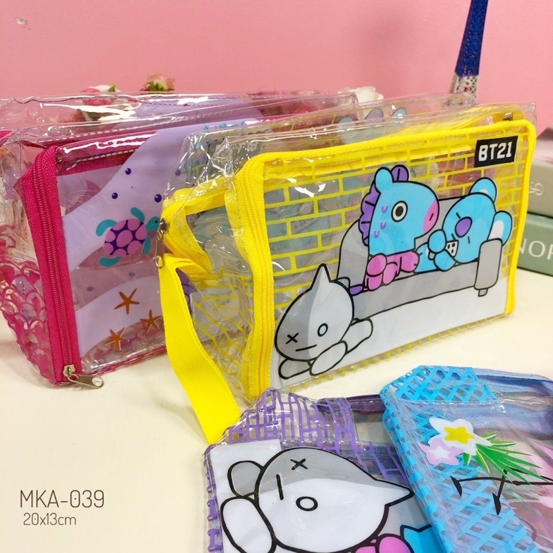 dompet kosmetik mika kantong depan mkdep besar tempat pensil bening pouch waterproof