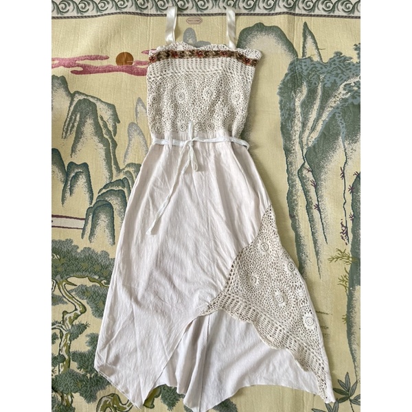 RARE 2000s Esteve Crochet Appliqués Linen Asymmetric Maxi Dress | vintage dress rajut y2k coquette f