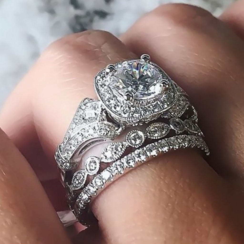 Hu Hu Hu Hu Hu Alat Bantu Pasang Kacamata♡ 3pcs Cincin Wanita Hias Kristal Gaya Populer Kreatif Berkilau Untuk Pertunanganpernikahan