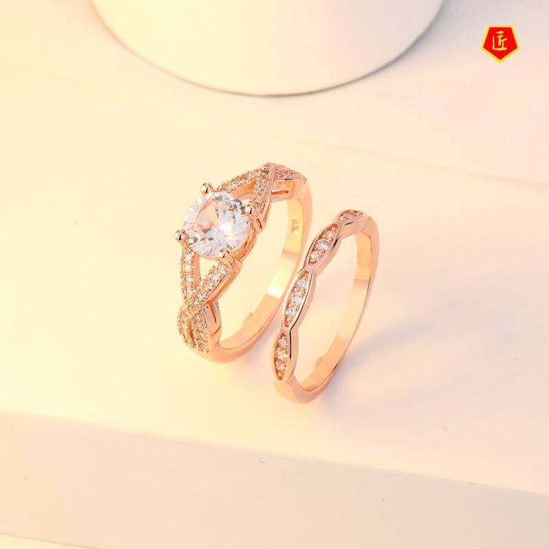 [Ready Stock]Simple Fashion Micro Inlaid with Diamond 14K Rose Gold Ring Set