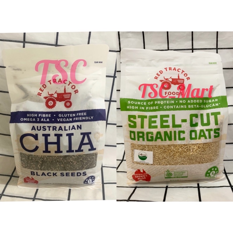 

Red Tractor Foods Steel Cut Organic Oats 850gr RTF Organic Oats / Red Tractor Australian Chia Black Seeds 500gr/ Gluten Free/ High Fibre/ Omega 3 Ala/ Import