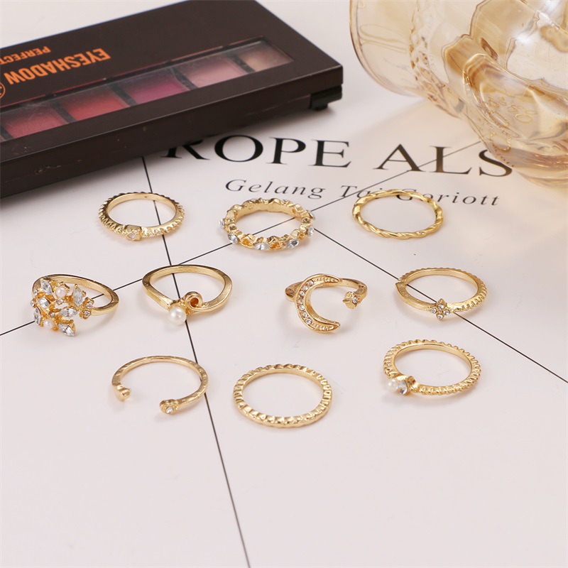 10 Piece Set Star Moon Ring Set Fashion Diamond Pearl Bohemian Set Ring for Women