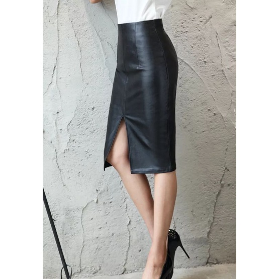 Rok Pensil Midi Seksi PU Leather Hitam Wanita Retro Musim Gugur