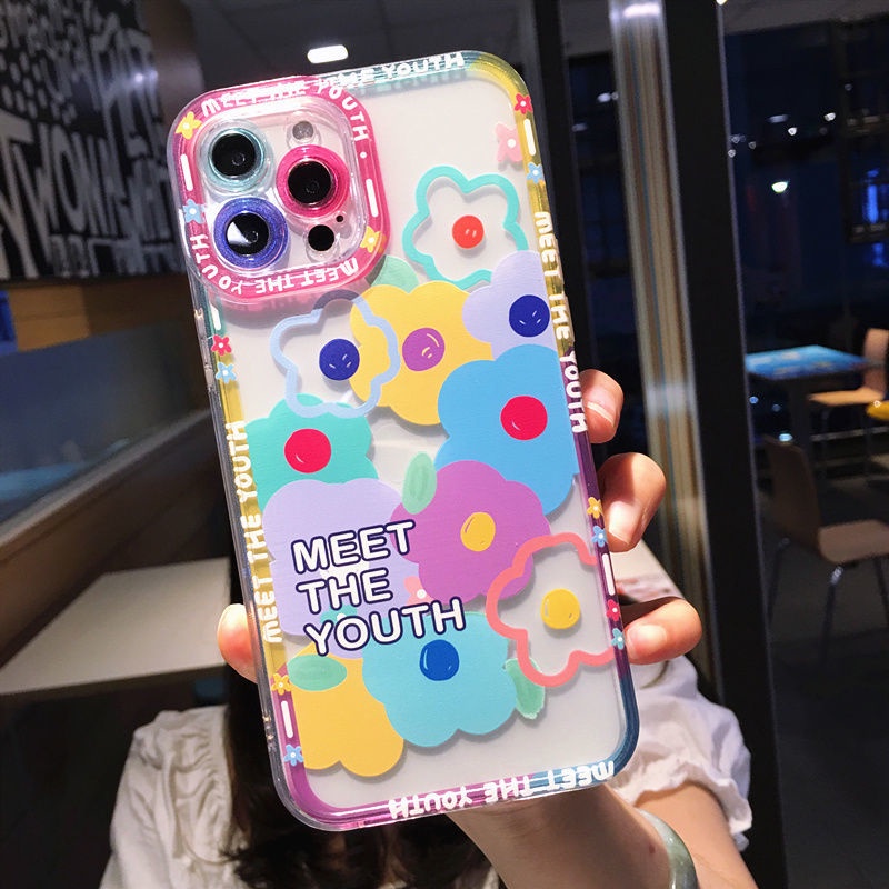 Casing Belakang Pola Bunga + Smiley Face Warna Acak Untuk Iphone