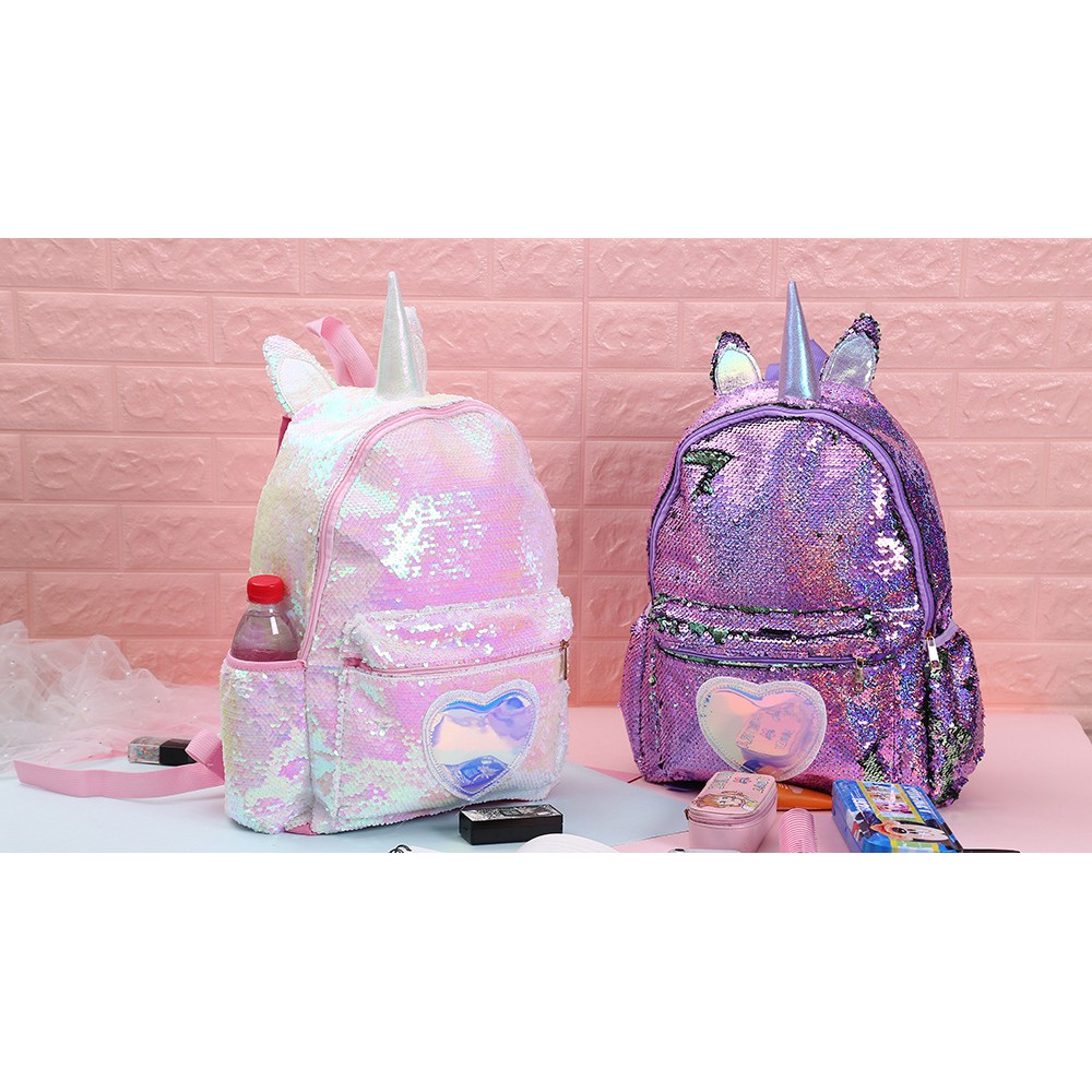 Tas Sequin Unicorn besar TU016 Ransel anak sd perempuan Reversible Backpack