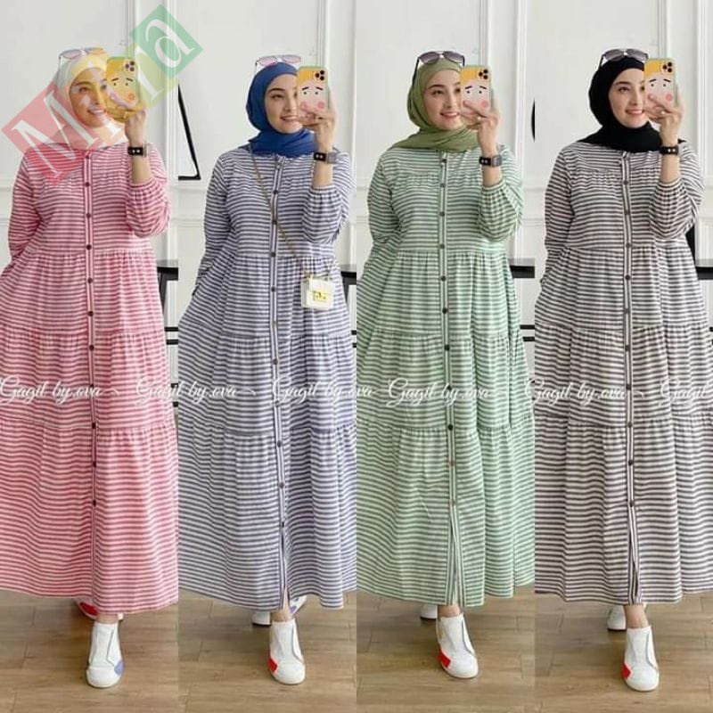 [NEW DRESS] Aquila Midi / Dress Remaja - Dewasa Terbaru/ Katun Premium Salur Garis (BUSUI) Collectio