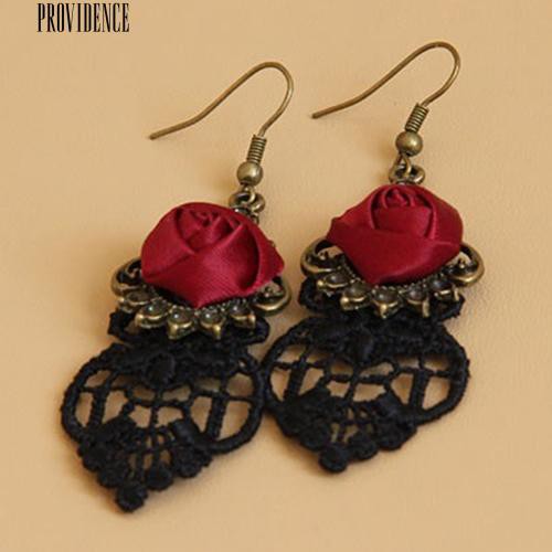 [Bayar Di Tempat]  1 Pair Vintage Gothic Vampire Halloween Bunga Hitam Renda Merah Anting Menjuntai