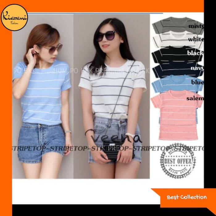 Baju Kaos Wanita T Shirt Wanita Stripe Top 101 - Putih