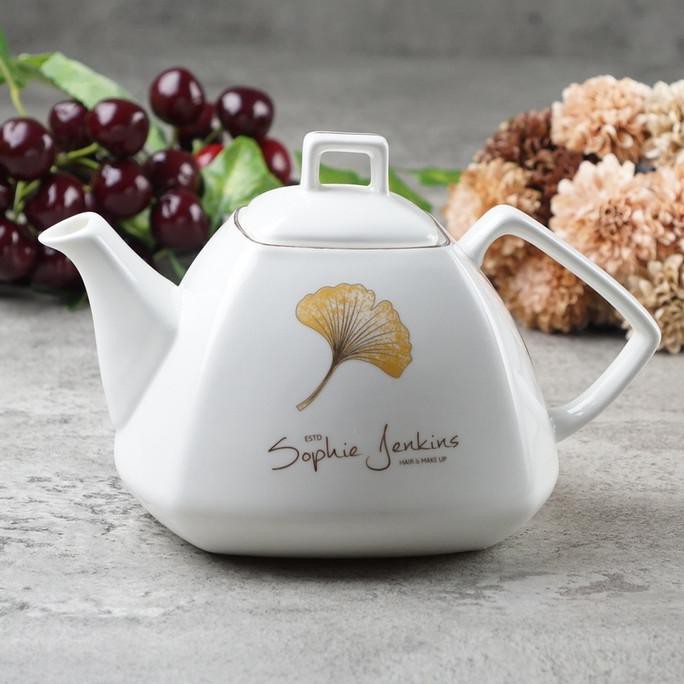 Teko teh kopi keramik putih motif seri daun