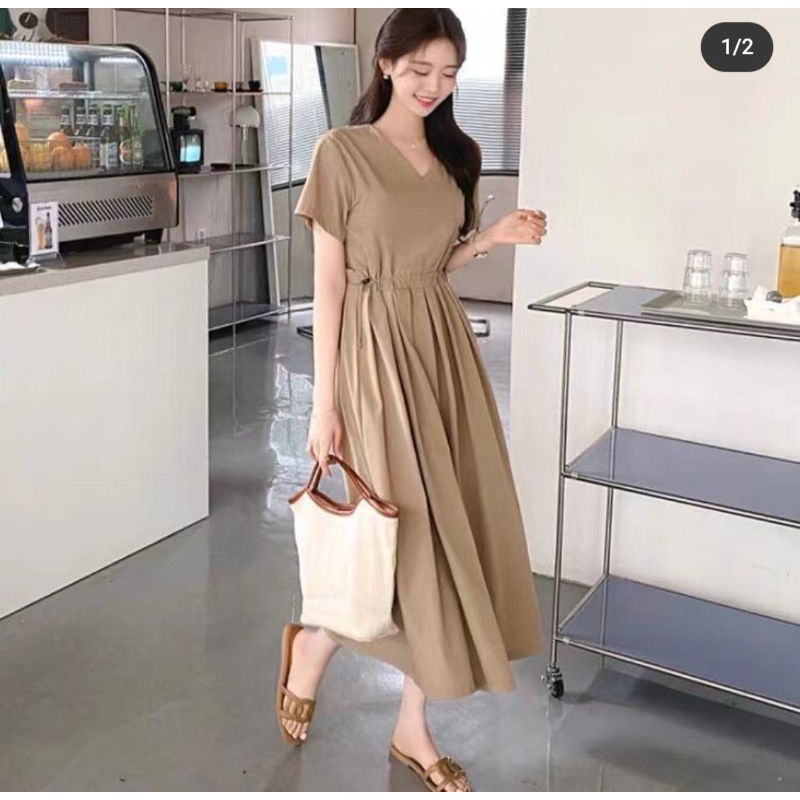 DRESS IMPORT GUANG ZHOU CINA KOREA BKK PLISKET CHIFON PREMIUM cream polos matilda