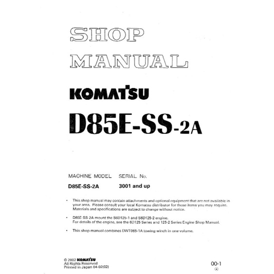 

shop manual bulldozer komatsu D85E-SS-2A