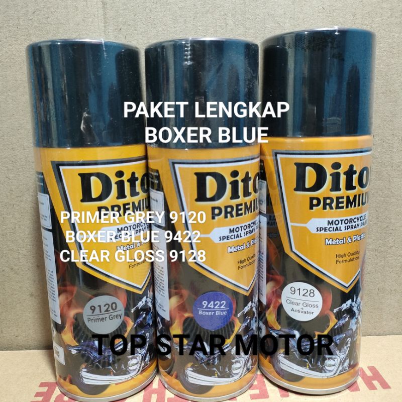 Pilok Paket Lengkap Cat Diton Premium Primer Grey 9120 Boxer Blue 9422 Clear Gloss 9128 400cc.. Pilok Paketan Boxer Blue Cat Semprot Diton Premium 400cc