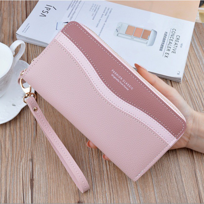 DOMPET WANITA 2 RESLETING PREMIUM PINK KULIT PESTA PANJANG IMPORT TALI KOREA MURAH LASSA WA122P3 ABG