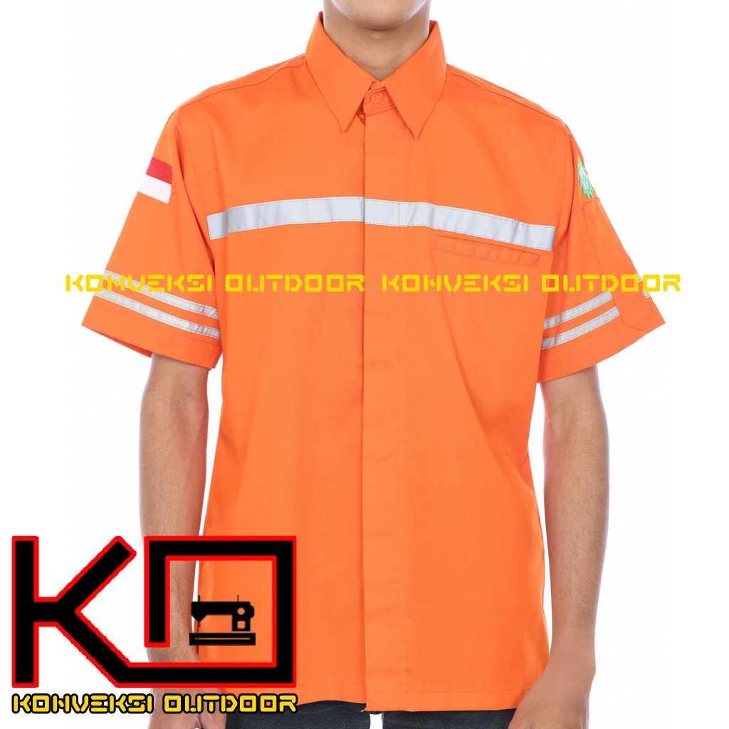 KEMEJA WEARPACK BAJU SAFETY K3 OUTDOOR INDOOR - Seragam Kemeja Kerja Lapangan Lengan Pendek Proyek Bangunan Tambang Alat Berat PLN Enginer Instalasi Mesin werpek sefti Scotlit Warna Orange Konveksi Outdoor