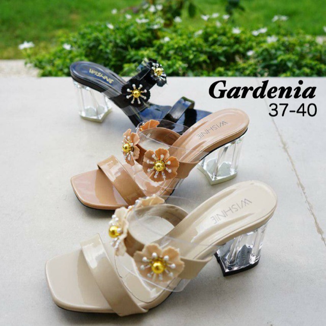 Sandal heels pesta hak kaca 7cm tali bunga Gardenia