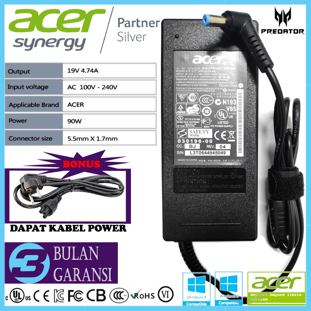 Adaptor Charger Casan ORI Laptop Acer 19V 4.74A 90W 4740 4741 4745 4750 4752 4755 4738G 4741G 4745G 4750G 4752G 4755G 4740G 4920G 5.5*1.7mm