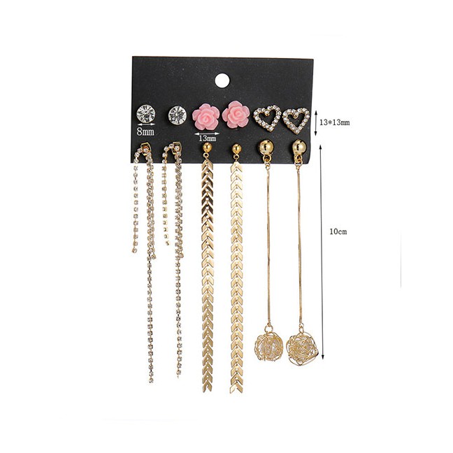 LRC Anting Set Fashion Gold Chain Fringed Artificial pearl Heart-shaped Earrings 6 Pairs D32582