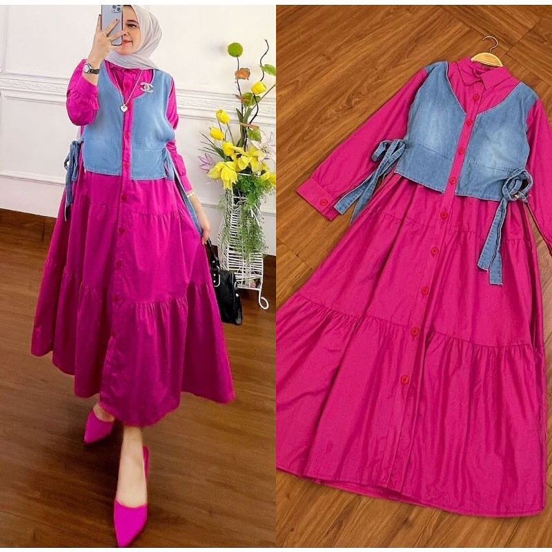 KALEAOUTFIT - OLIVIA MIDI DRESS MIX ROMPI JEANS PREMIUM - LALUNA MAXY WARNA FANTA FUCHIA TERBARU - G
