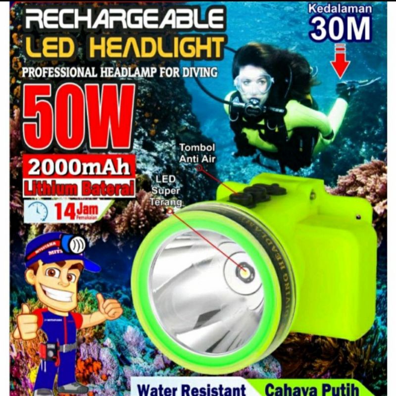 COD senter kepala Diving senter selam 50watt senter kepala mitsuyama MS-218P simpel ringan 30meter d