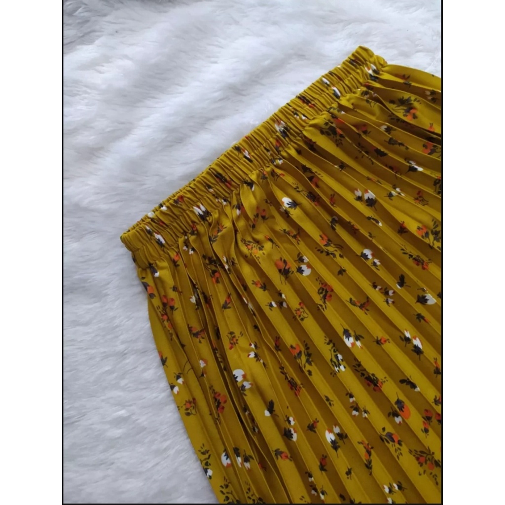 ROK PLISKET DAILY FLOWERS PREMIUM // ROK PLISKET PREMIUM MOTIF BUNGA // BAHAN HYGET PREMIUM-kuning motip daily