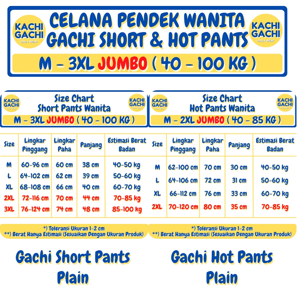 ( 40 - 100 kg ) Celana Pendek Wanita Jumbo / Celana Kolor / Short Pants dan Hot Pants Wanita Big Size - Gachi Plain