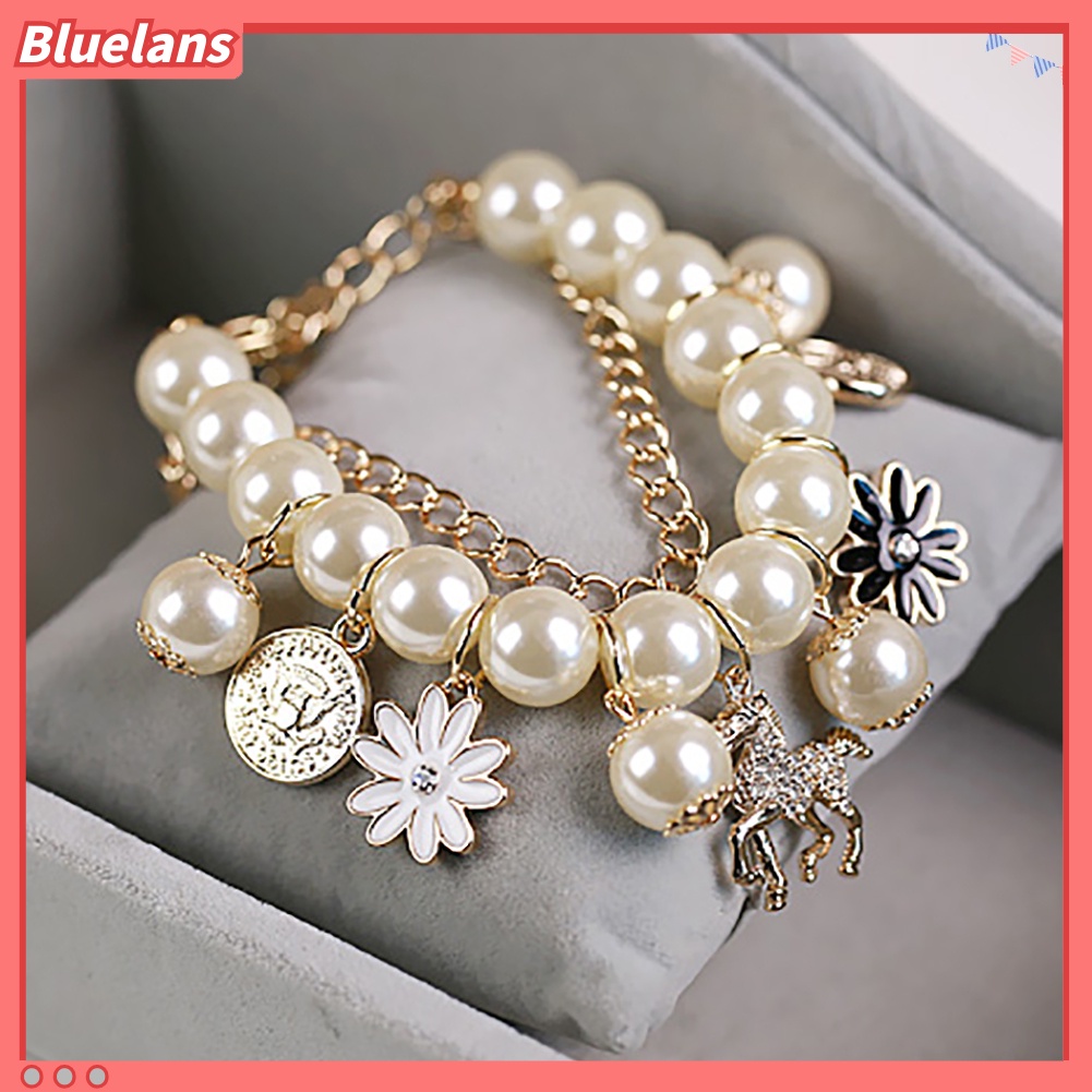 Bluelans Horse Flower Charm Women Bracelet Faux Pearl Party Bangle Gift Fashion Jewelry