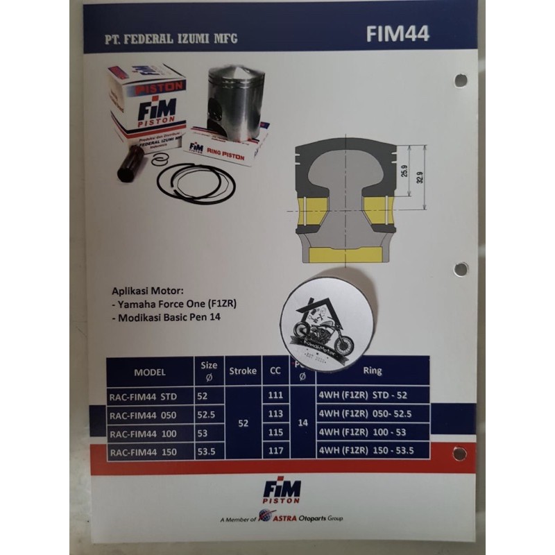 READY BANYAK 4 JANUARI Piston Kit Fim 44 F1ZR F1 Force1 Force 1 Pin 14 Fim44-1