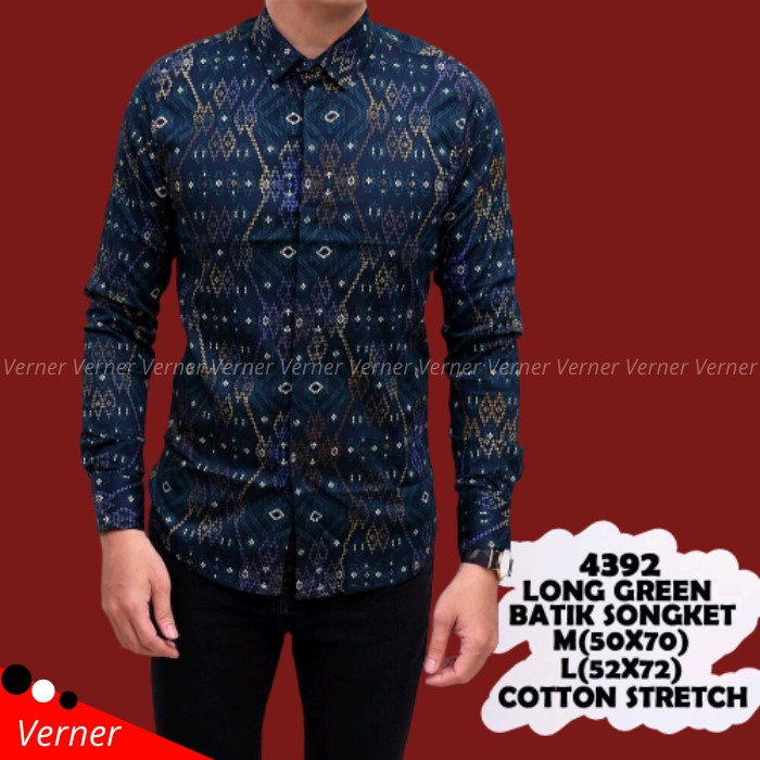 TERMURAH- Batik Songket Pria Slim Fit 4392 - Kemeja Kerja Pria Slim Fit 4392 - Hijau, M