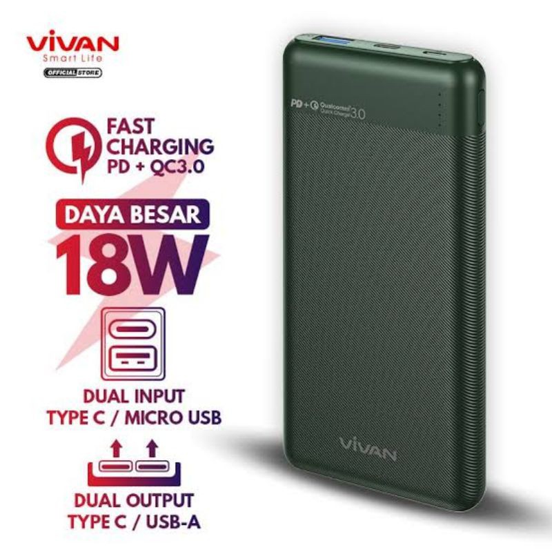 VIVAN M-10 Power Bank 10000mAh PD QC3.0 Fast Charging 18W Powerbank 2 Input 2 Output 18Watt Original
