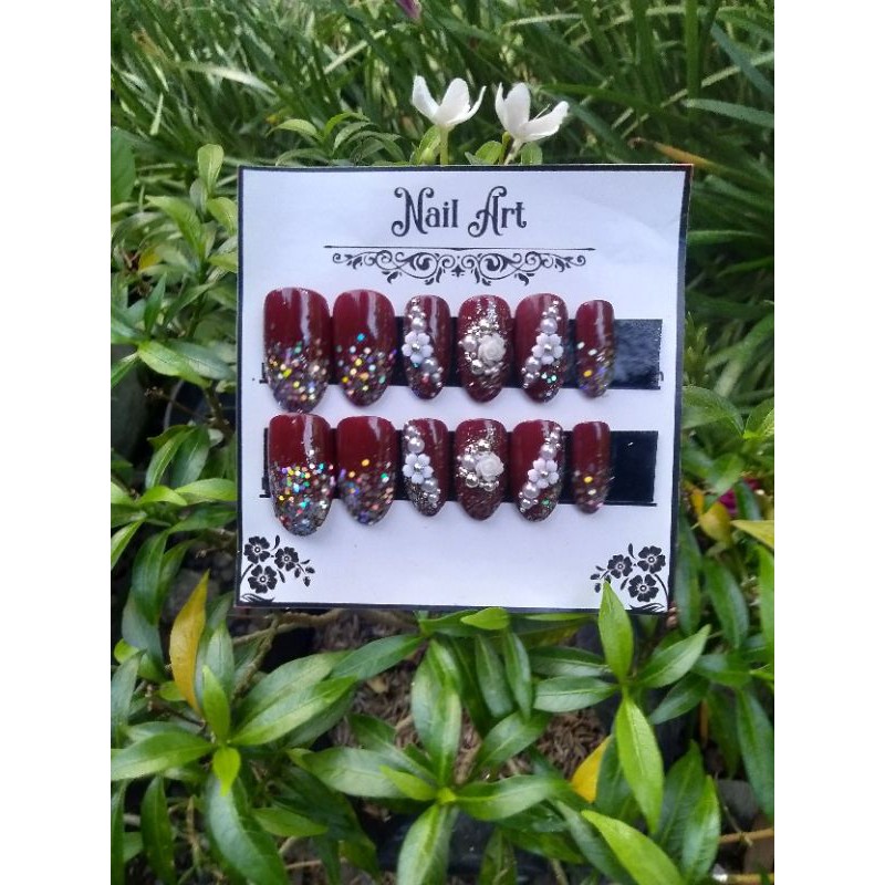 Kuku palsu wedding merah maroon / Kupal wedding / Kuku palsu 3D